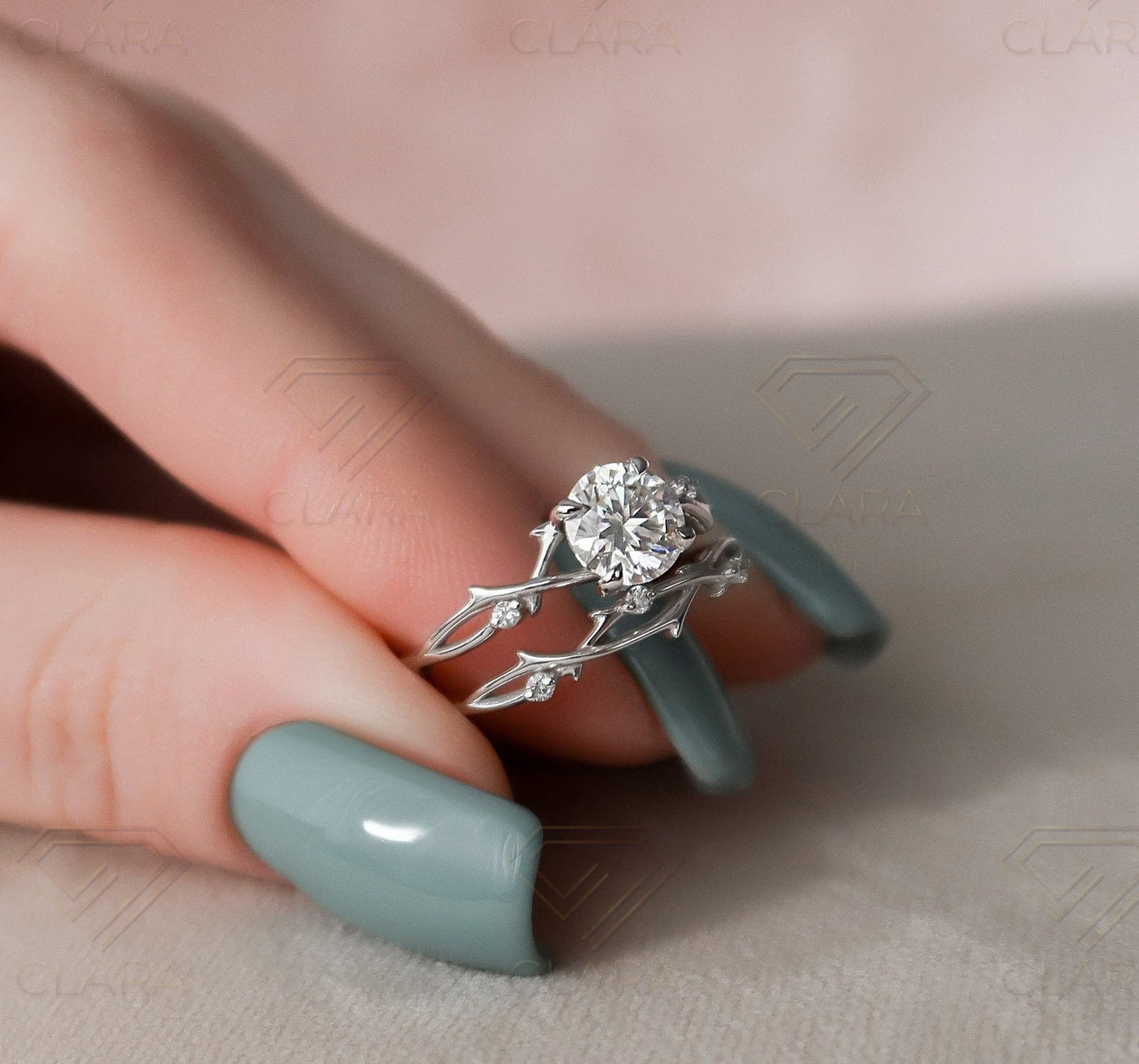 Dainty Moissanite Twig Ring Set, 14k Gold Nature Wedding Band