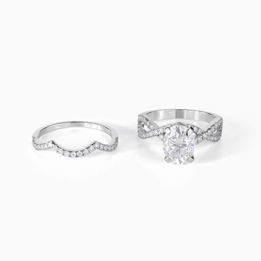 Elegant Oval Cut Diamond Engagement Ring Set with Curved Wedding Band, Silver Bridal Set, Minimalist Promise Ring for Women Gift Idea Set