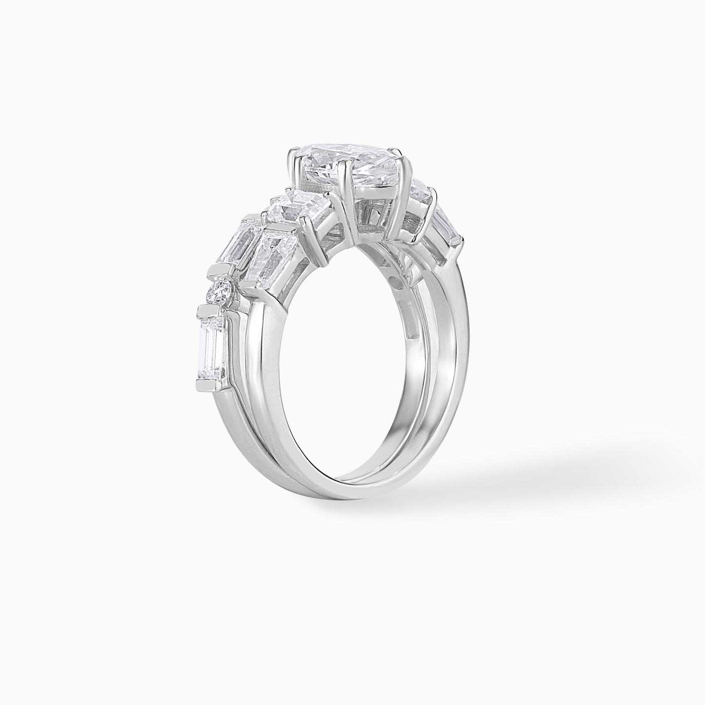 Marquise Moissanite Engagement Ring Set, Sterling Silver Bridal Band, Diamond Alternative Baguette Accents