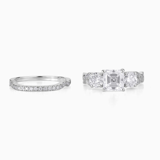 Asscher Cut Moissanite Engagement Ring Set in Silver | Three Stone Diamond Ring with Pave Band | Vintage Inspired Bridal Set for Her