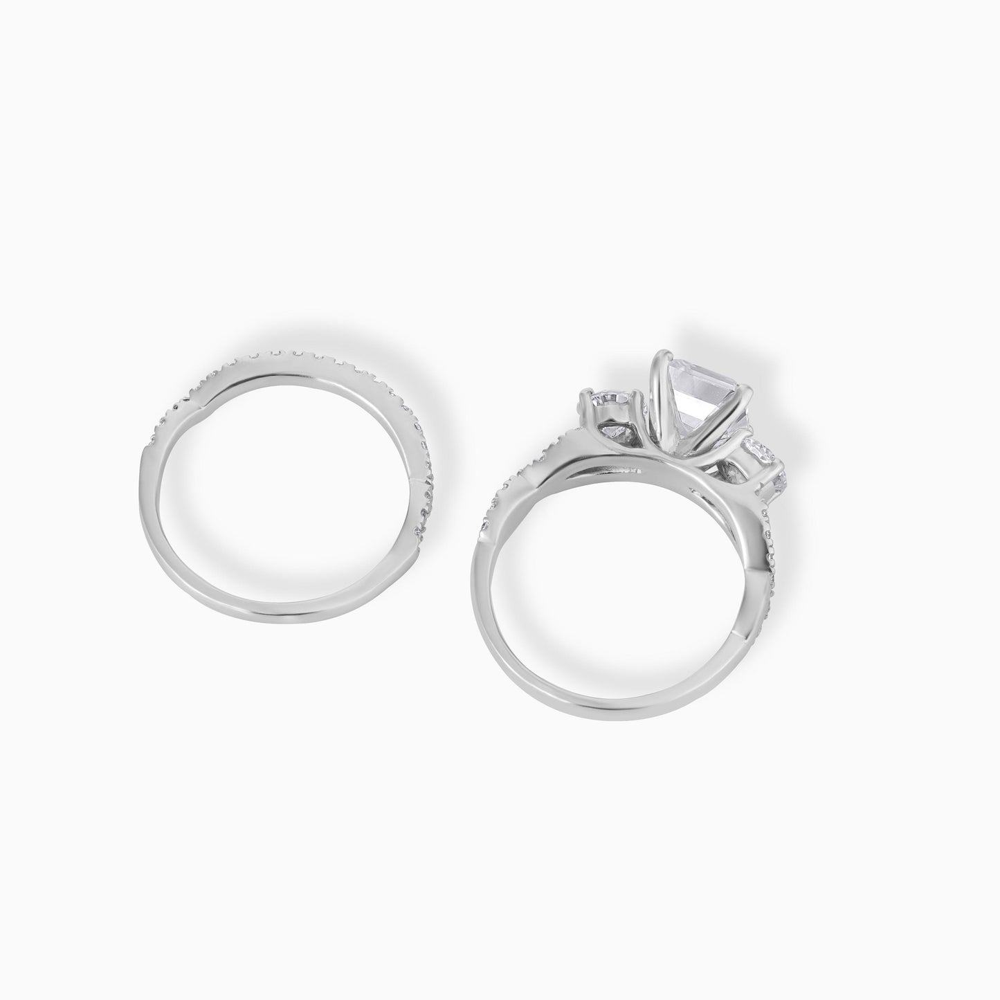 Asscher Cut Moissanite Engagement Ring Set in Silver | Three Stone Diamond Ring with Pave Band | Vintage Inspired Bridal Set for Her