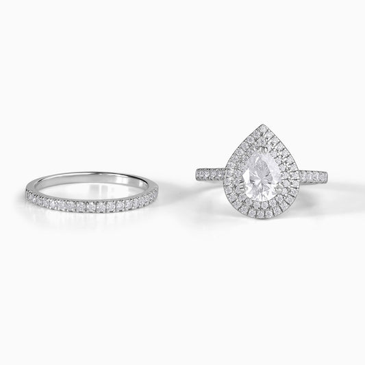 Pear Moissanite Ring Sterling Silver Engagement Band Wedding Set Bridal Jewelry Diamond Alternative Halo Design Elegant Gift Idea
