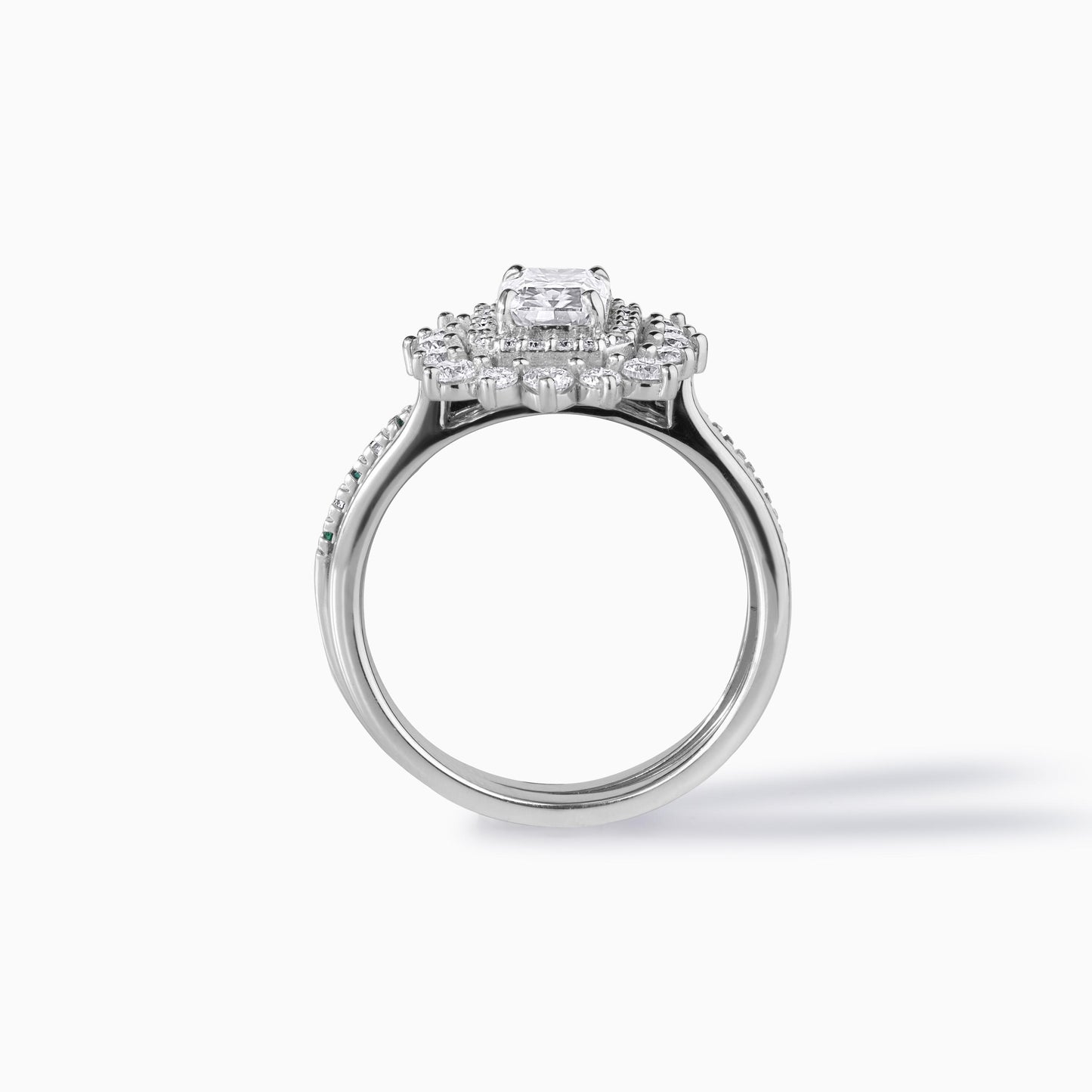 Moissanite Emerald Ring Sterling Silver Halo Design Double Bridal Set Wedding Band Alternative Diamond Engagement Green Stone Rectangular
