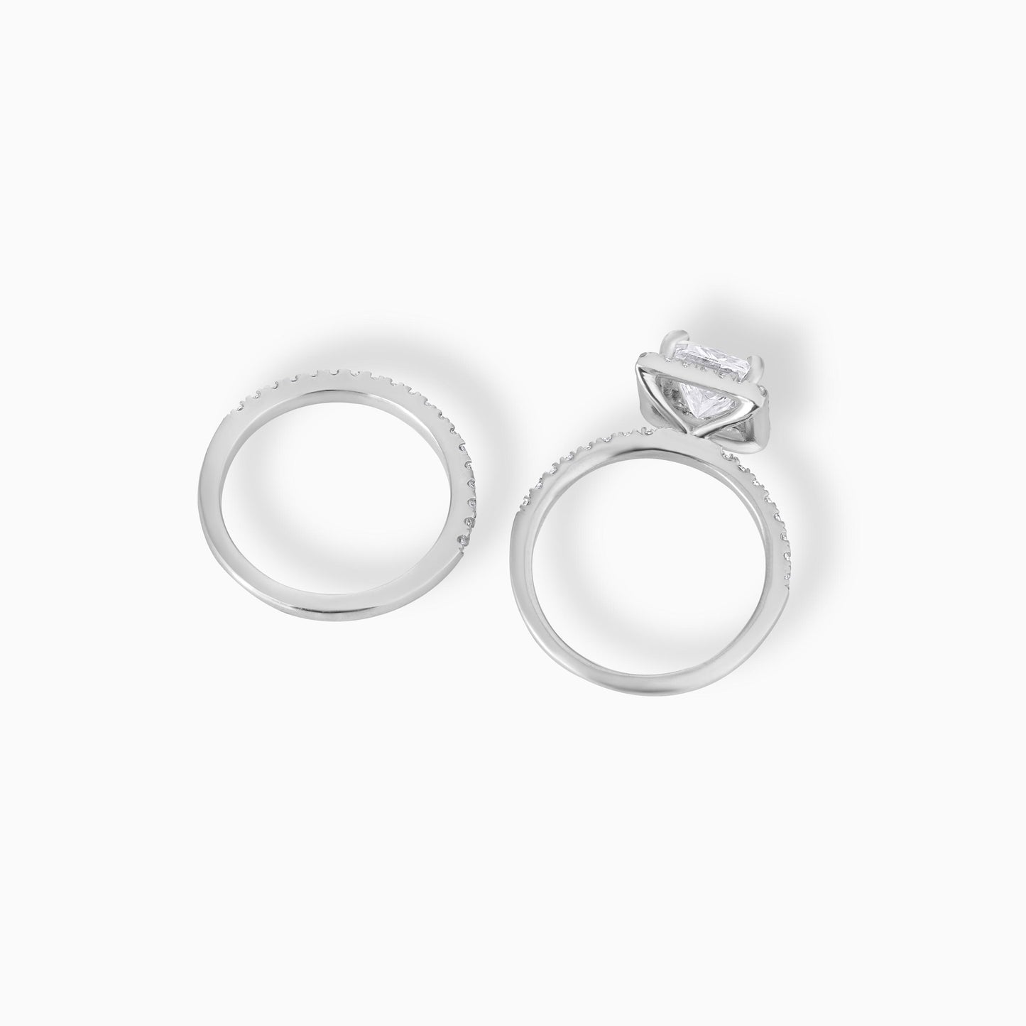 Princess Cut Moissanite Engagement Ring Set in 925 Silver | Halo Bridal Set with Pave Band | Modern Square Diamond Wedding Ring Set for Her