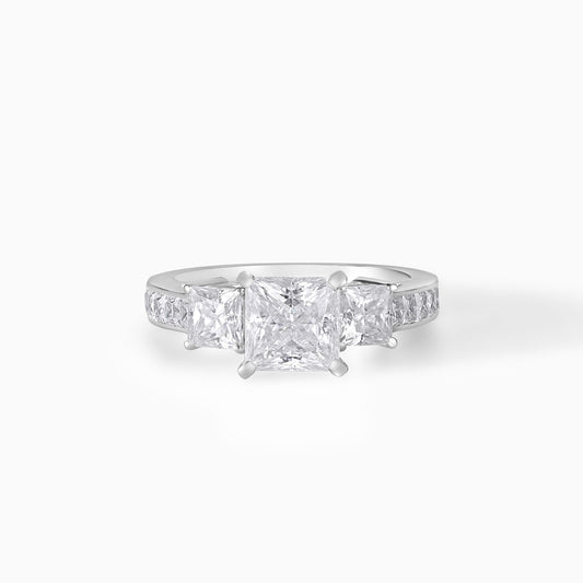 Three Stone Princess Cut Moissanite Engagement Ring, Sterling Silver Bridal Jewelry