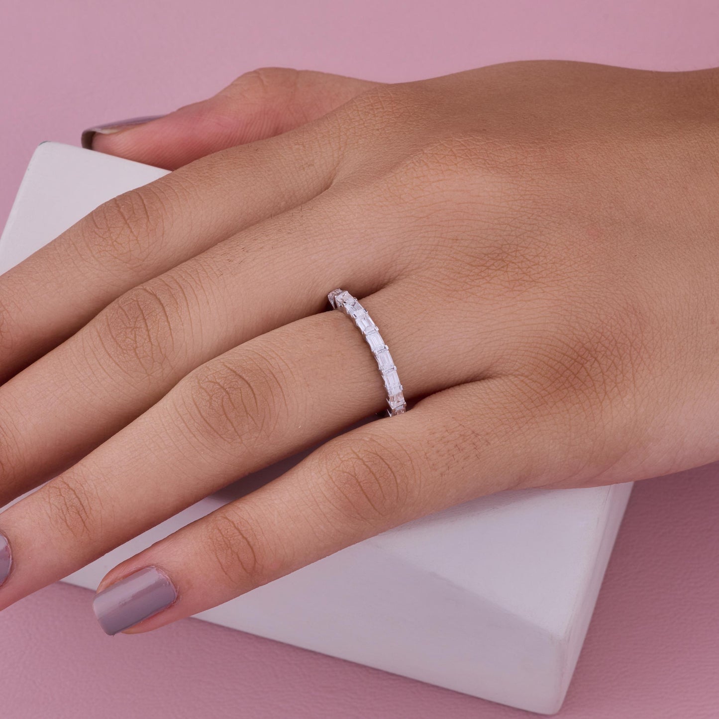 Moissanite Eternity Ring, Baguette Cut Wedding Band, 925 Sterling Silver Stackable Ring, Minimalist Bridal Band, Promise Ring for Her