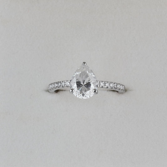 Pear Cut Engagement Ring, Moissanite Solitaire Ring, Pave Band Ring, Dainty Bridal Ring, Minimalist Promise Ring, Gift for Her