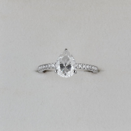 1.25 Carat Pear Moissanite Engagement Ring Set, Hidden Halo Pave Bridal Set, Silver Wedding Ring, Dainty Stacking Promise Ring for Her
