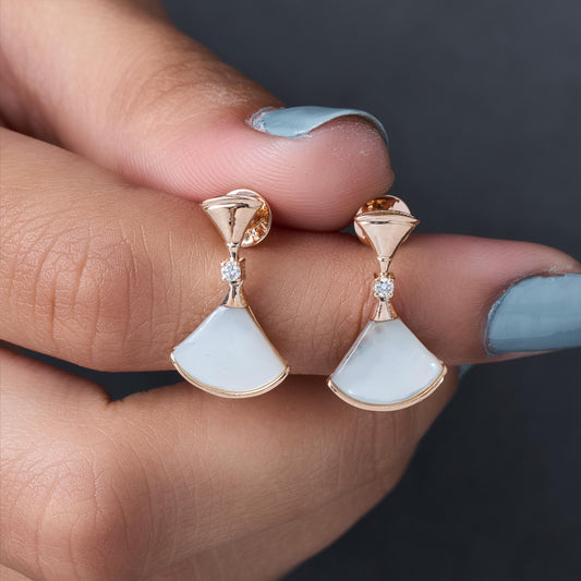 Fan Shaped Drop Earrings, White Shell Earrings, Rose Gold Dangle Earrings, Minimalist Statement Earrings, Elegant Jewelry for Her