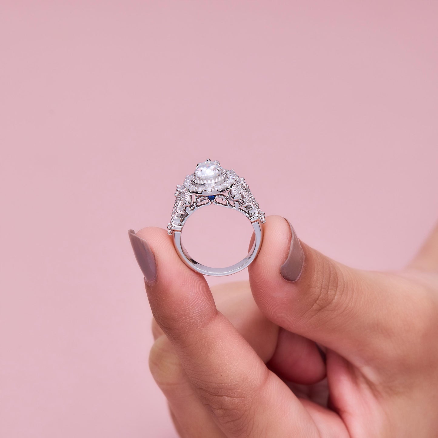 Pear Cut Moissanite Engagement Ring, Floral Diamond Halo, Sterling Silver Bridal Set