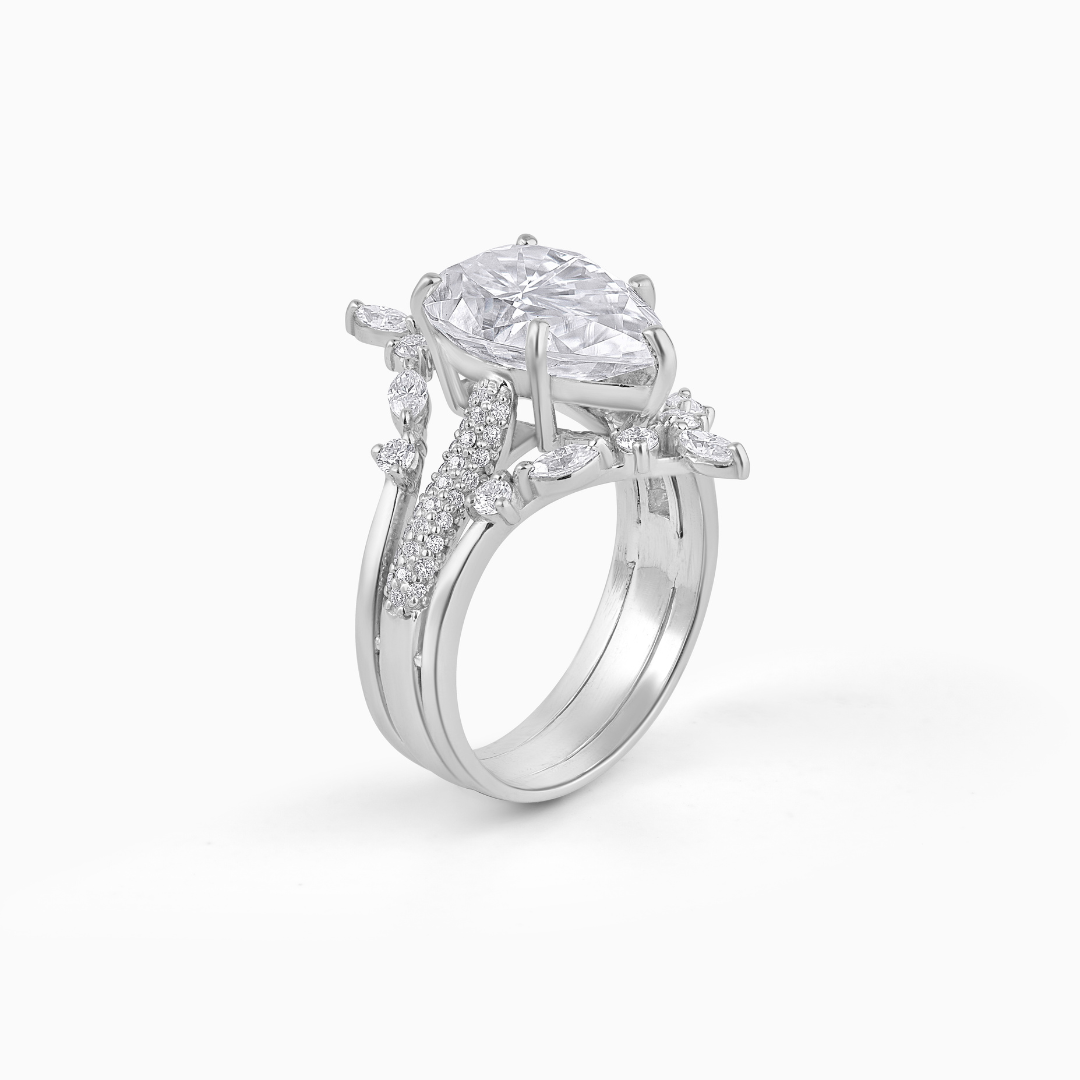 Pear Cut Moissanite Engagement Ring Sterling Silver Starburst Halo Bridal Jewelry