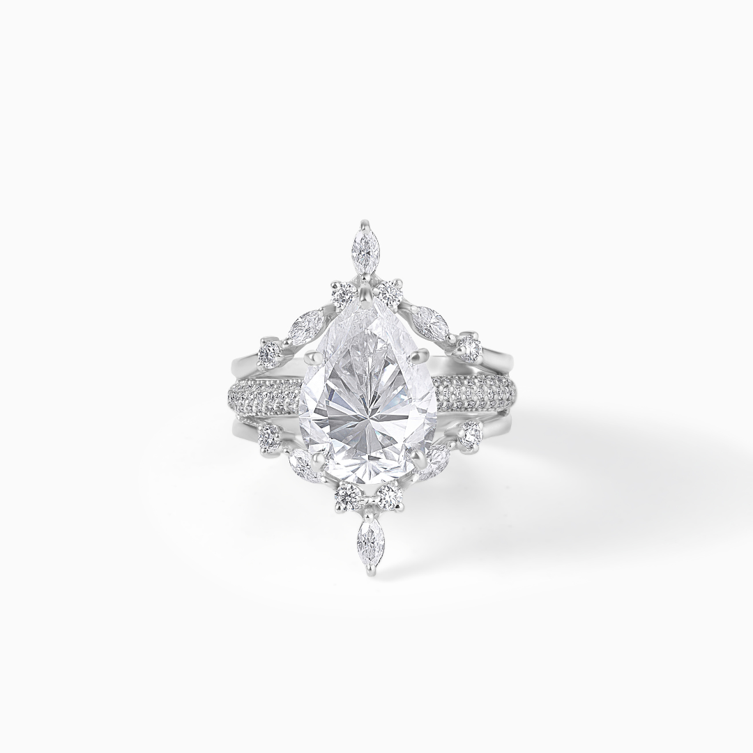 Pear Cut Moissanite Engagement Ring Sterling Silver Starburst Halo Bridal Jewelry