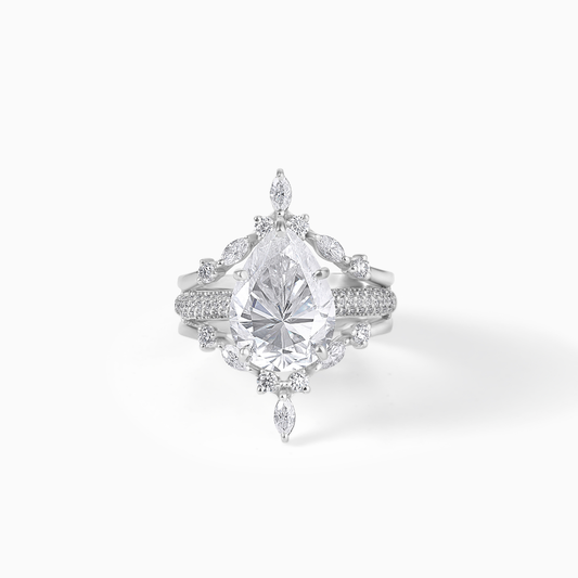 Pear Cut Moissanite Engagement Ring Sterling Silver Starburst Halo Bridal Jewelry