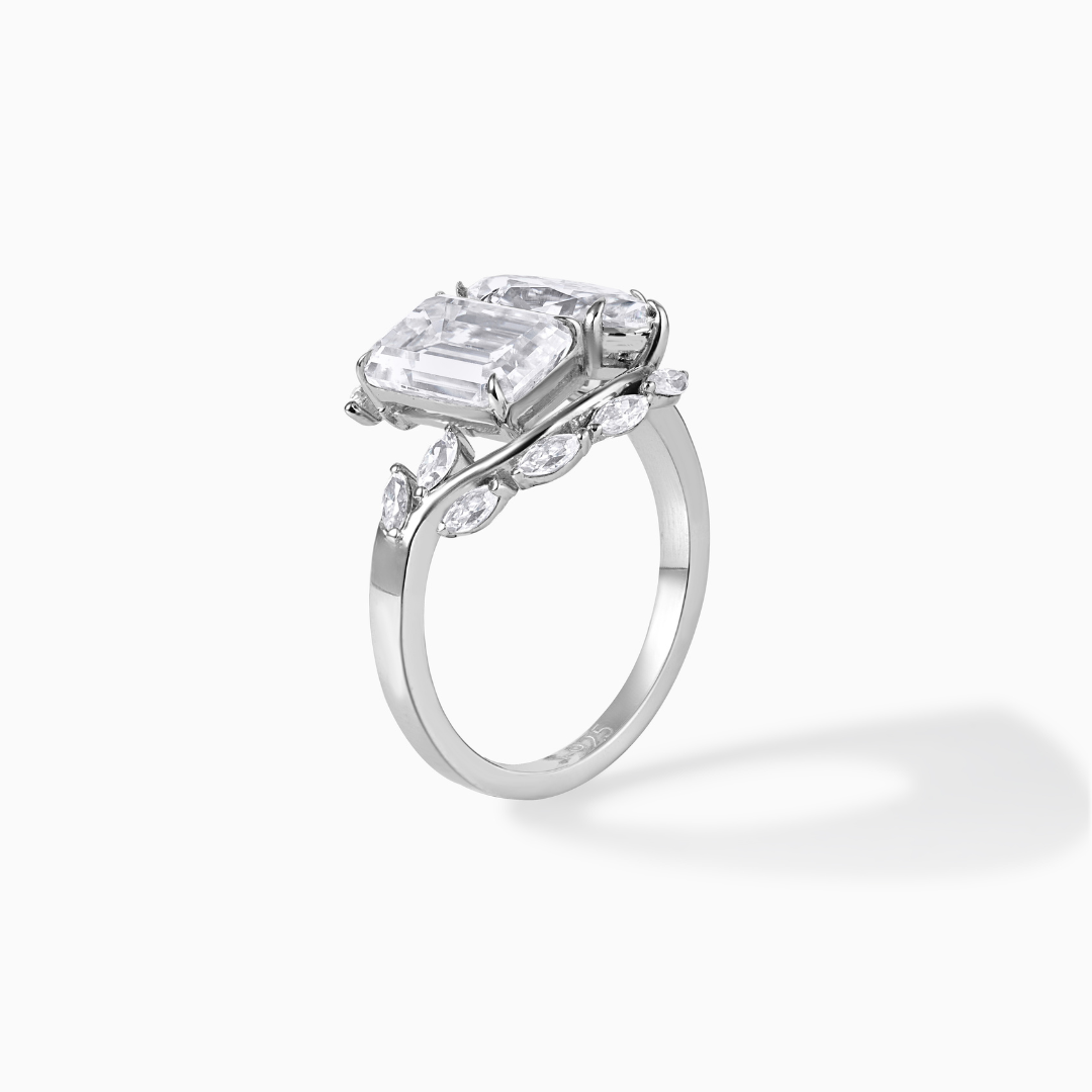 Silver Moissanite Ring Two Stone Engagement Toi Moi Emerald Cut Marquise Diamond Alternative Jewelry Wedding Band Sterling Statement
