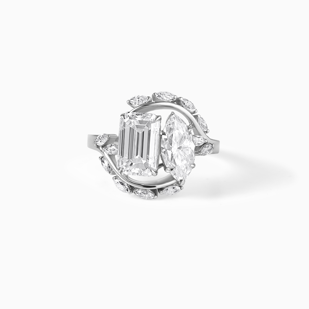 Silver Moissanite Ring Two Stone Engagement Toi Moi Emerald Cut Marquise Diamond Alternative Jewelry Wedding Band Sterling Statement