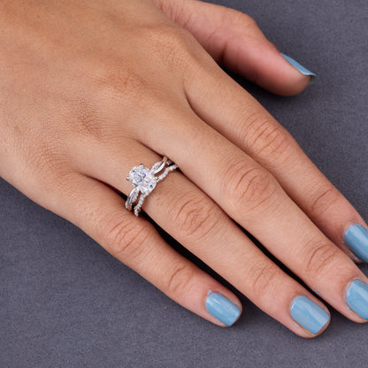2CT Oval Moissanite Twisted Silver Ring Set