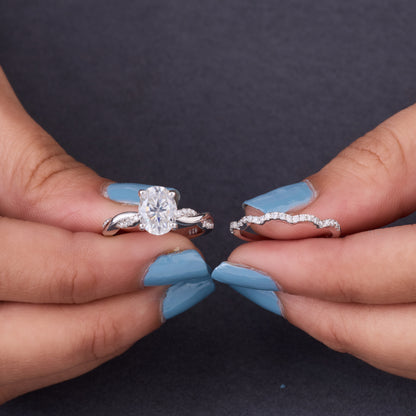 2CT Oval Moissanite Twisted Silver Ring Set