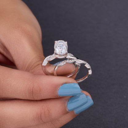 2CT Oval Moissanite Twisted Silver Ring Set