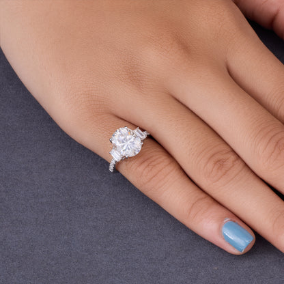 Oval Cut Moissanite Engagement Ring, Three Stone Tapered Baguette, Sterling Silver Bridal Ring