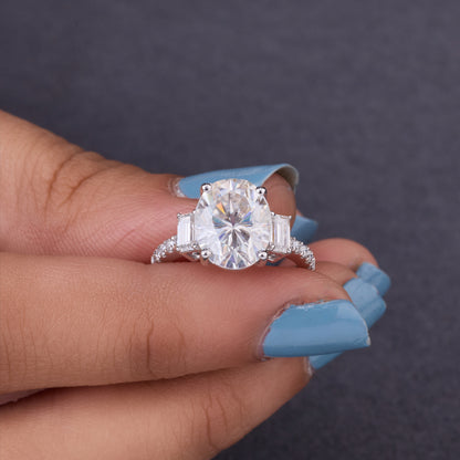 Oval Cut Moissanite Engagement Ring, Three Stone Tapered Baguette, Sterling Silver Bridal Ring