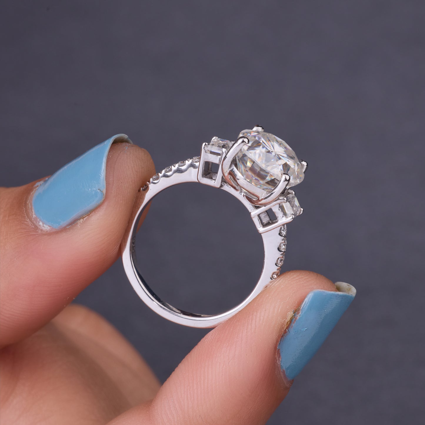 Oval Cut Moissanite Engagement Ring, Three Stone Tapered Baguette, Sterling Silver Bridal Ring