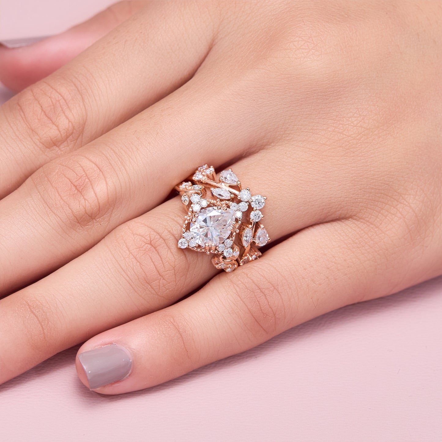 Vintage Pear Cut Moissanite Ring Set, Halo Engagement Ring with Curved Wedding Band