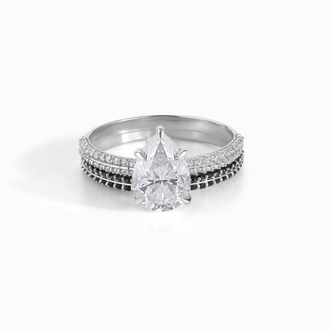 Pear Moissanite Bridal Set: Sterling Silver Pave Diamond Band, Black Accents