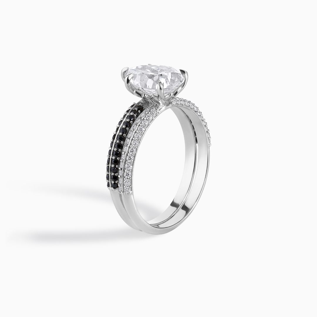 Pear Moissanite Bridal Set: Sterling Silver Pave Diamond Band, Black Accents