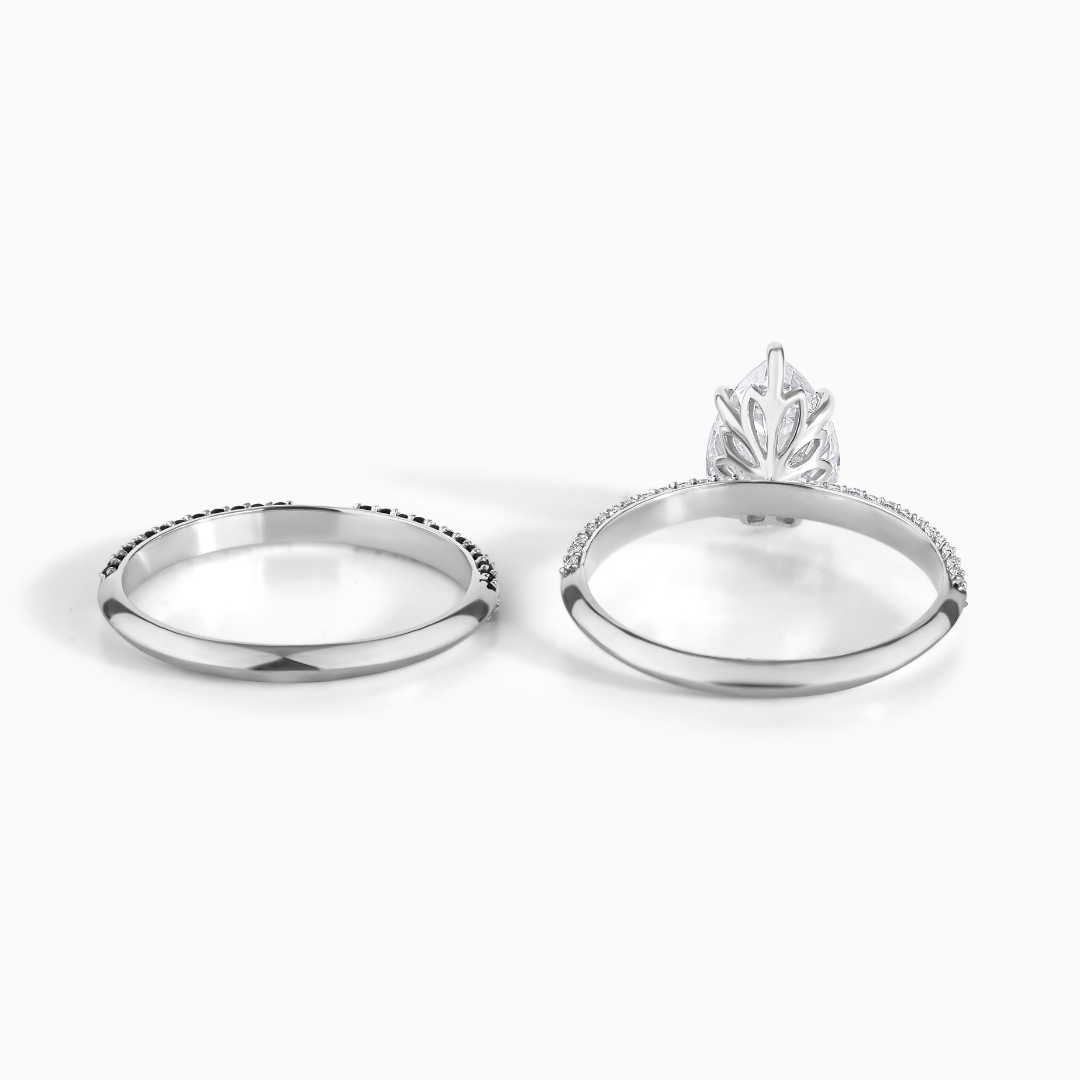 Pear Moissanite Bridal Set: Sterling Silver Pave Diamond Band, Black Accents