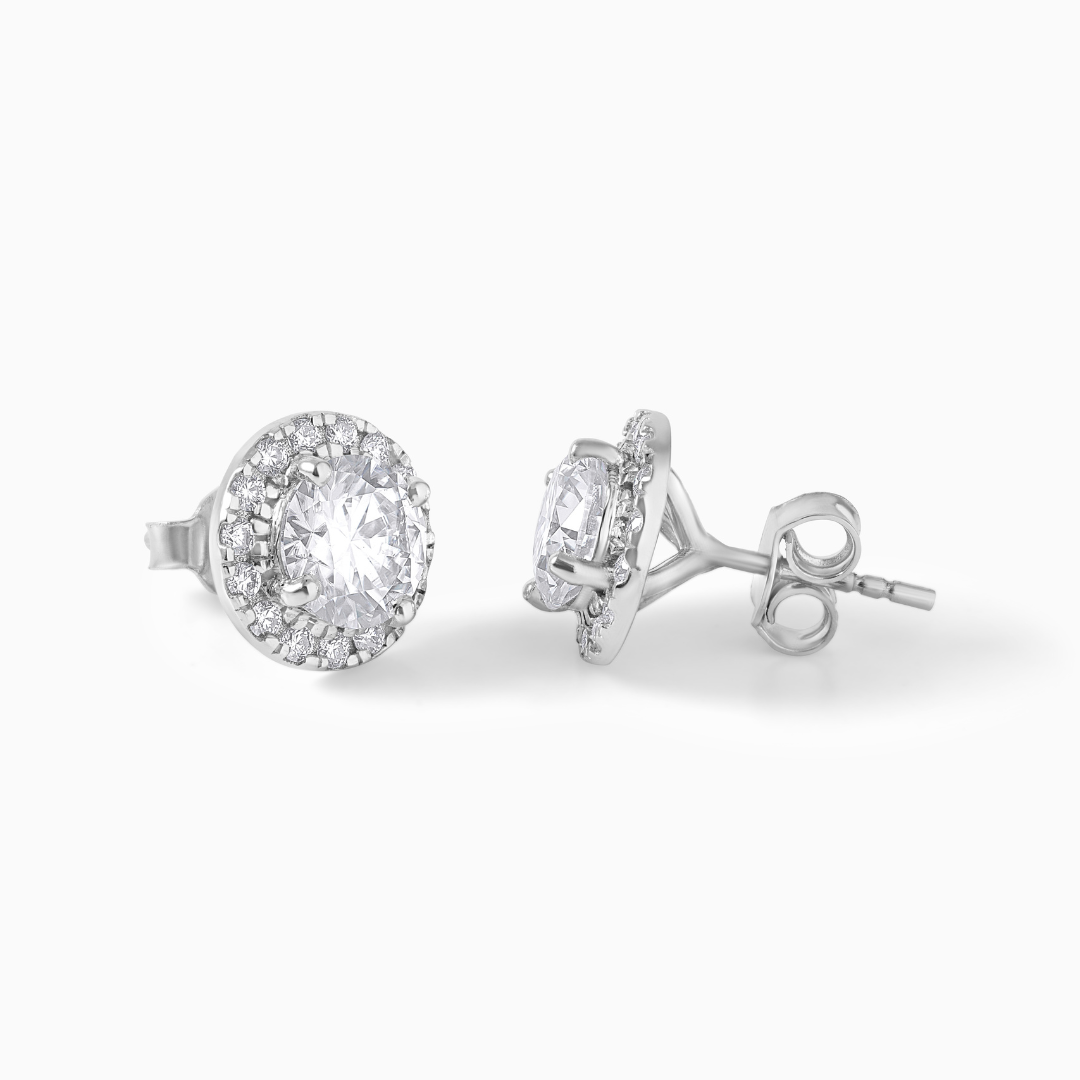 Oval Moissanite Halo Stud Earrings, Sterling Silver Bridal Wedding Jewelry