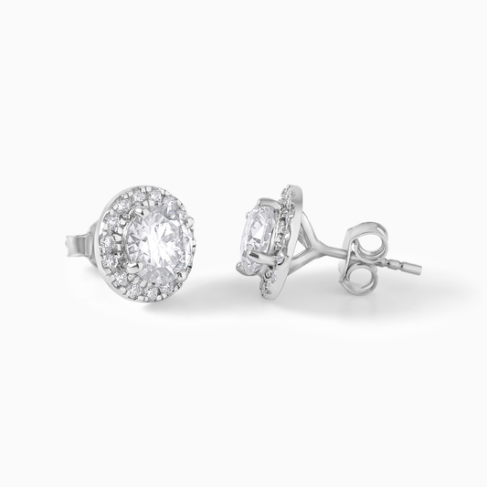 Oval Moissanite Halo Stud Earrings, Sterling Silver Bridal Wedding Jewelry
