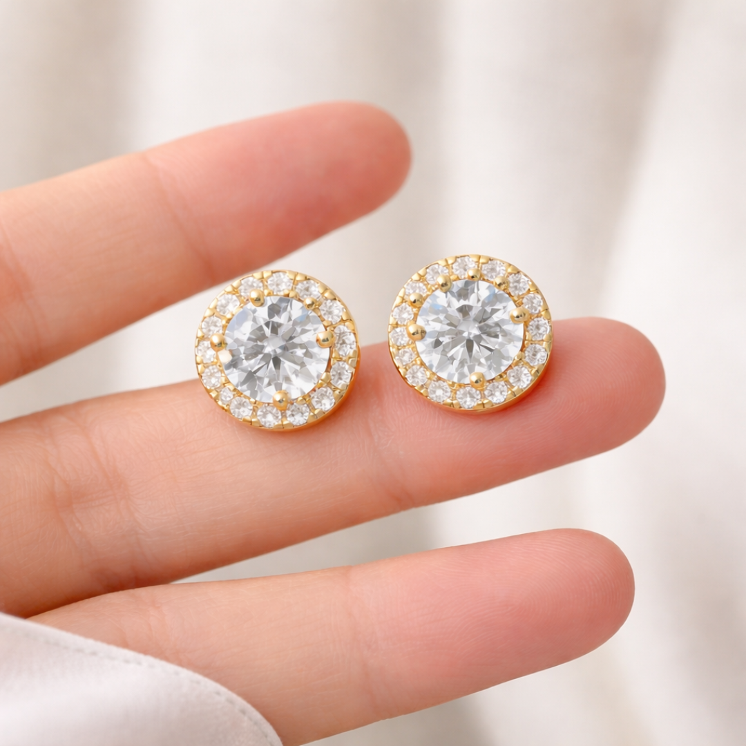 Oval Moissanite Halo Stud Earrings, Sterling Silver Bridal Wedding Jewelry