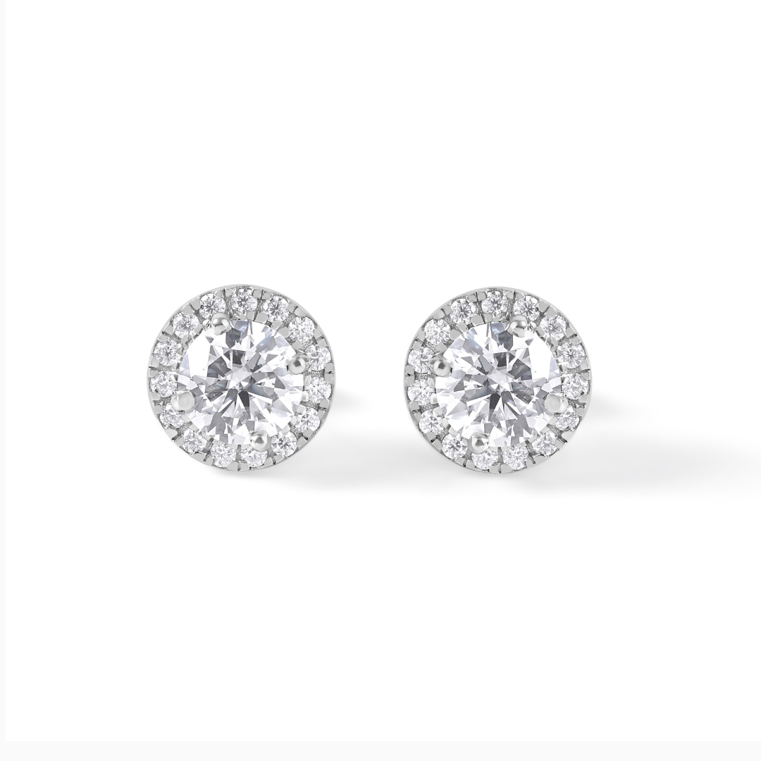 Oval Moissanite Halo Stud Earrings, Sterling Silver Bridal Wedding Jewelry