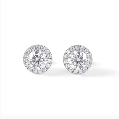 Oval Moissanite Halo Stud Earrings, Sterling Silver Bridal Wedding Jewelry