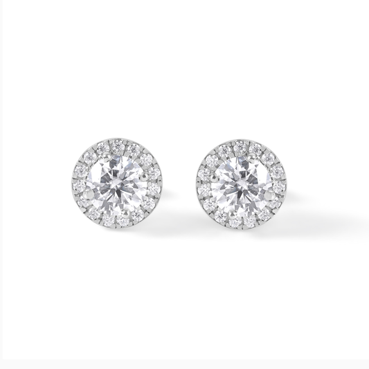 Oval Moissanite Halo Stud Earrings, Sterling Silver Bridal Wedding Jewelry
