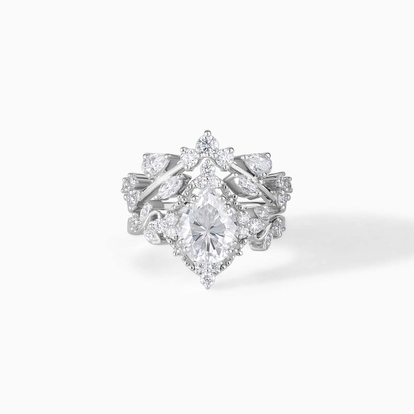 Vintage Pear Cut Moissanite Ring Set, Halo Engagement Ring with Curved Wedding Band