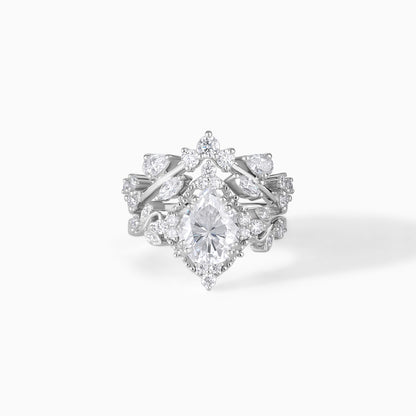 Vintage Pear Cut Moissanite Ring Set, Halo Engagement Ring with Curved Wedding Band