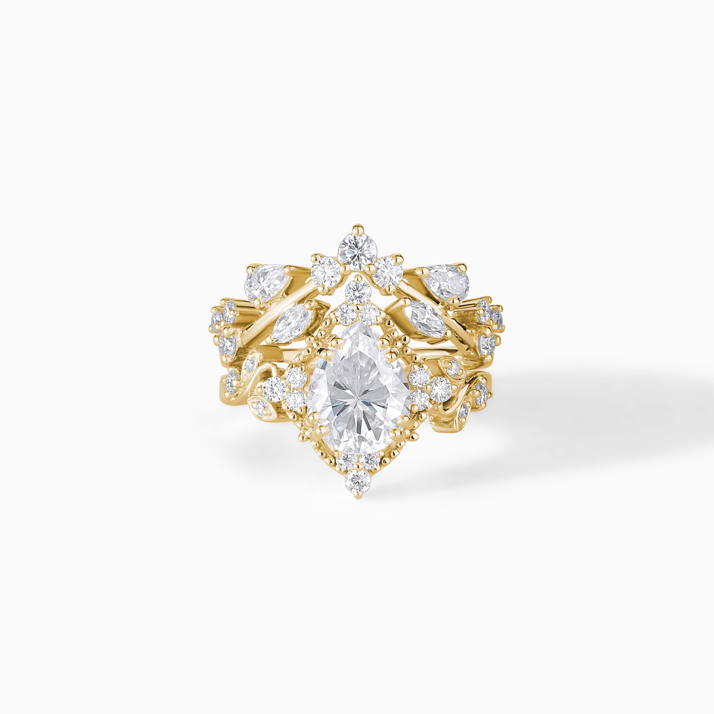 Vintage Pear Cut Moissanite Ring Set, Halo Engagement Ring with Curved Wedding Band