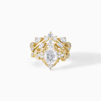 Vintage Pear Cut Moissanite Ring Set, Halo Engagement Ring with Curved Wedding Band