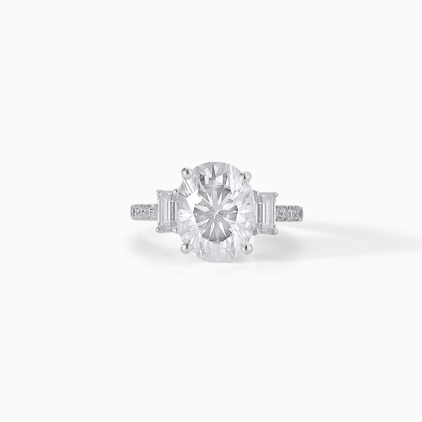 Oval Cut Moissanite Engagement Ring, Three Stone Tapered Baguette, Sterling Silver Bridal Ring