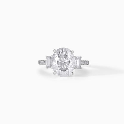 Oval Cut Moissanite Engagement Ring, Three Stone Tapered Baguette, Sterling Silver Bridal Ring