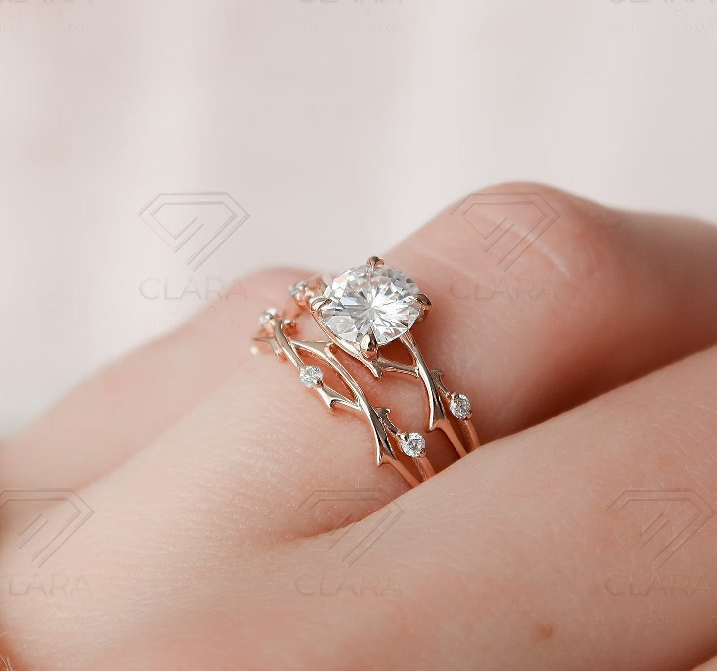 Dainty Moissanite Twig Ring Set, 14k Gold Nature Wedding Band