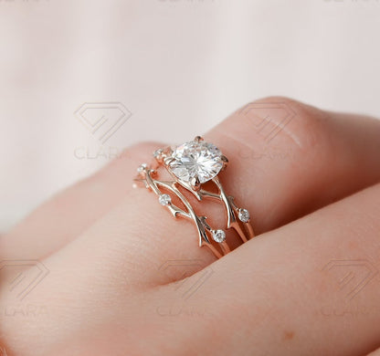 Dainty Moissanite Twig Ring Set, 14k Gold Nature Wedding Band
