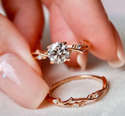 Dainty Moissanite Twig Ring Set, 14k Gold Nature Wedding Band