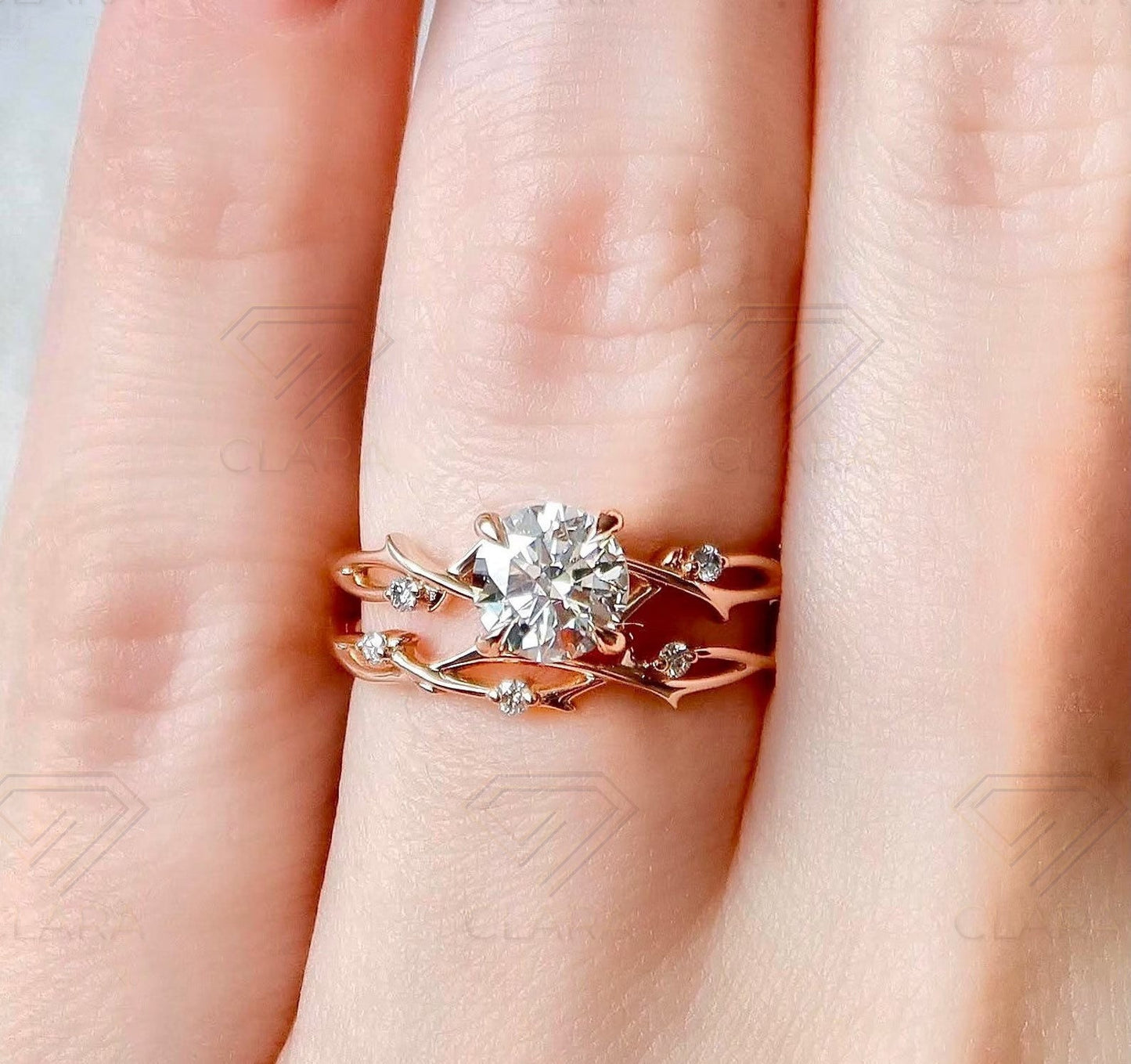 Dainty Moissanite Twig Ring Set, 14k Gold Nature Wedding Band