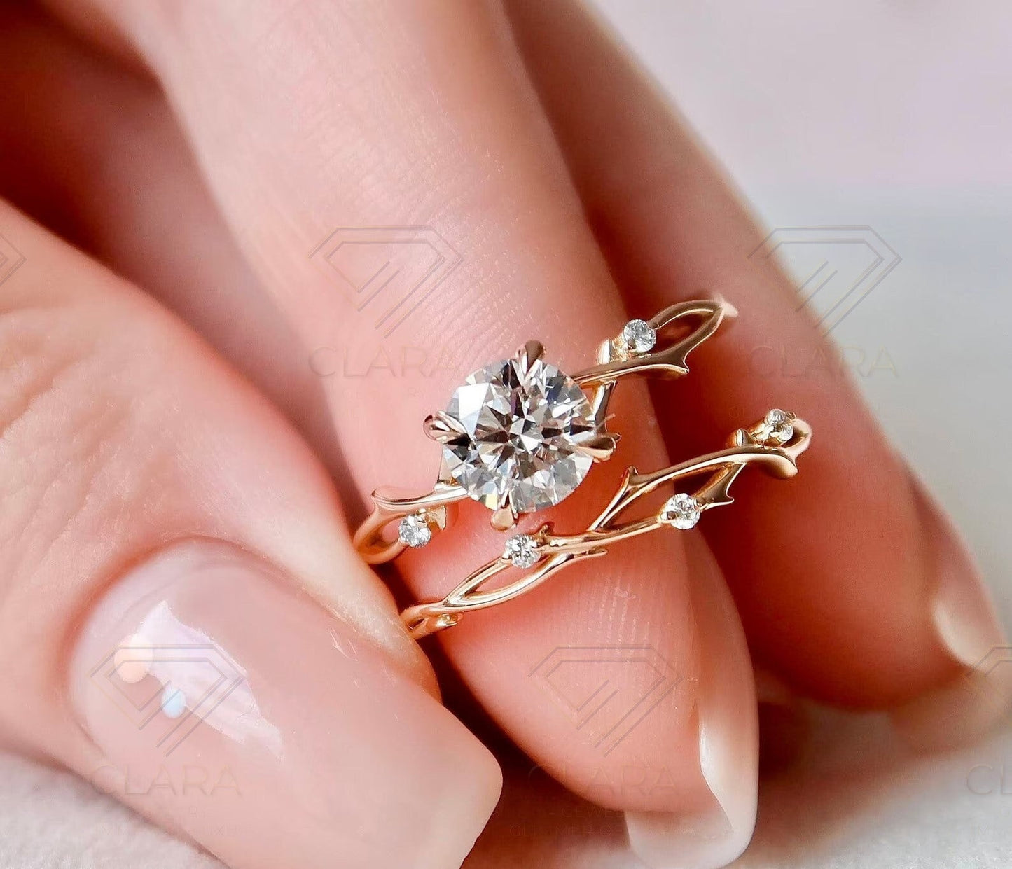 Dainty Moissanite Twig Ring Set, 14k Gold Nature Wedding Band