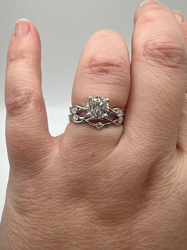 Moissanite Engagement Ring Sterling Silver Bridal Set