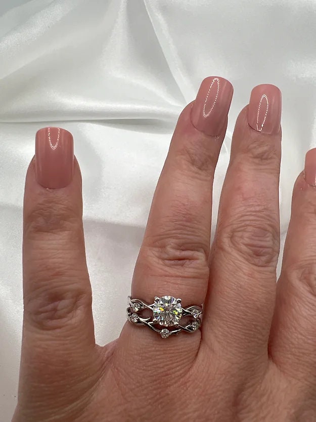 Moissanite Engagement Ring Sterling Silver Bridal Set