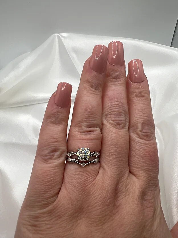 Moissanite Engagement Ring Sterling Silver Bridal Set