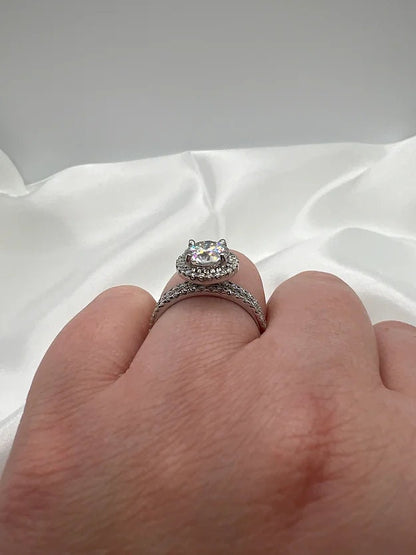 Moissanite Engagement Ring: Round Halo Setting, Sterling Silver Bridal Wedding Set